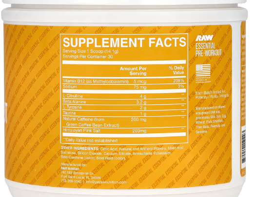 Raw Nutrition, Bum, Pré-entraînement essentiel, Pêche et mangue, 423 g