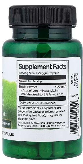 Swanson, Extrait de shilajit standardisé, 400 mg, 60 capsules végétariennes